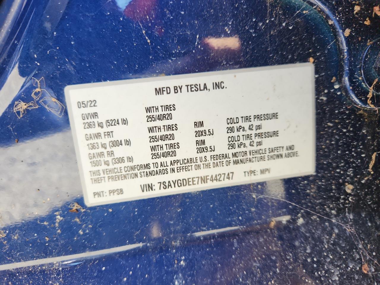 2022 Tesla Model Y VIN: 7SAYGDEE7NF442747 Lot: 63482395