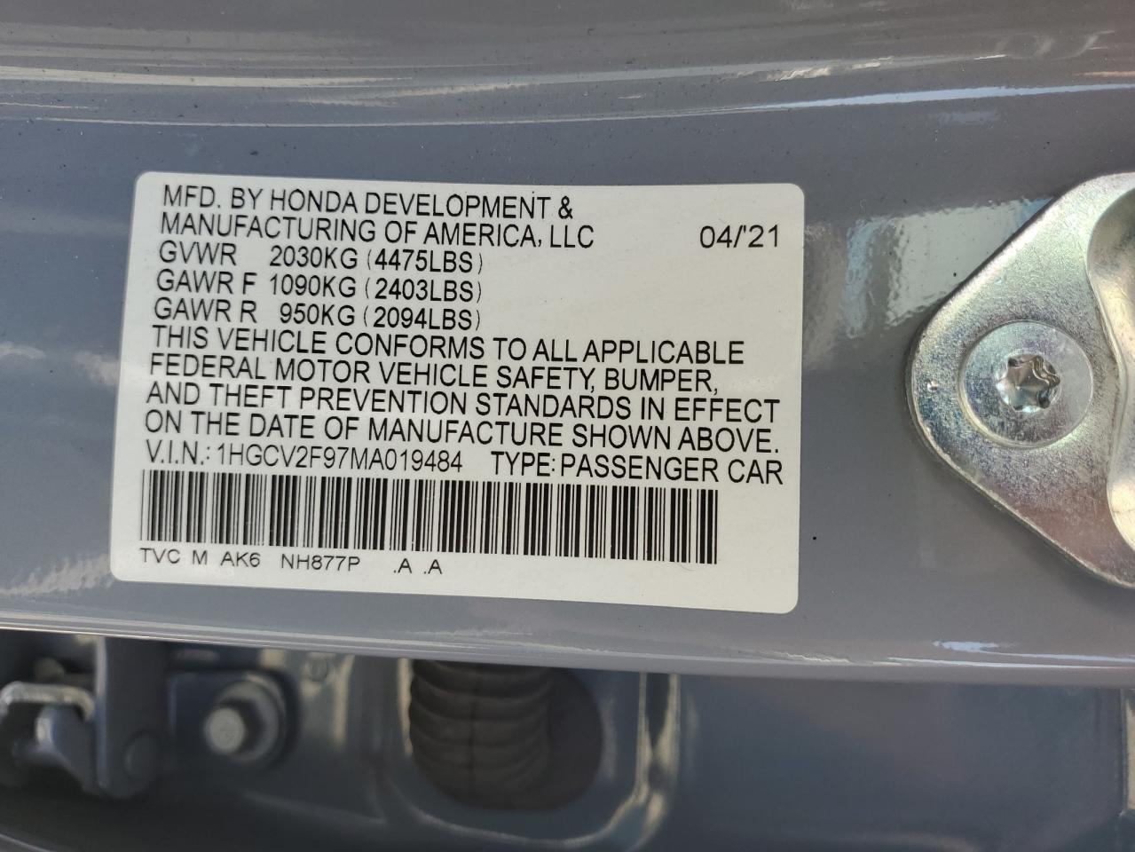 2021 Honda Accord Touring VIN: 1HGCV2F97MA019484 Lot: 65925205