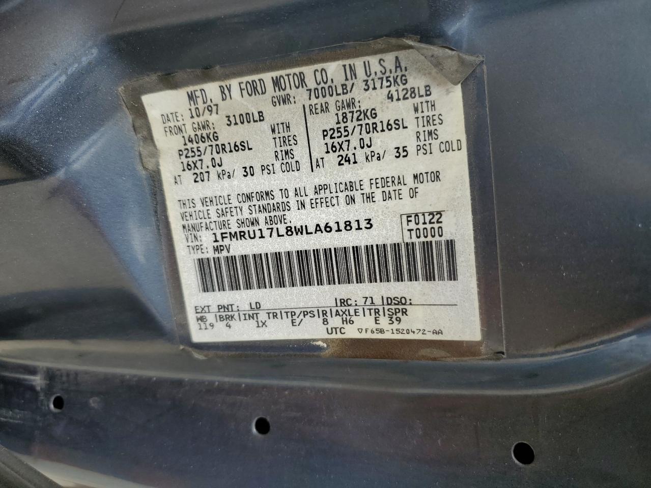 1998 Ford Expedition VIN: 1FMRU17L8WLA61813 Lot: 64687765