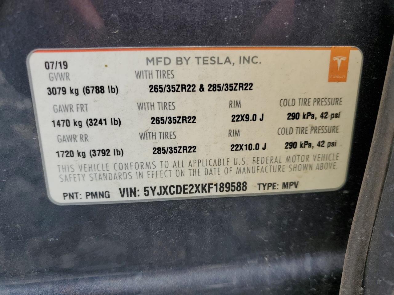 2019 Tesla Model X VIN: 5YJXCDE2XKF189588 Lot: 64865325