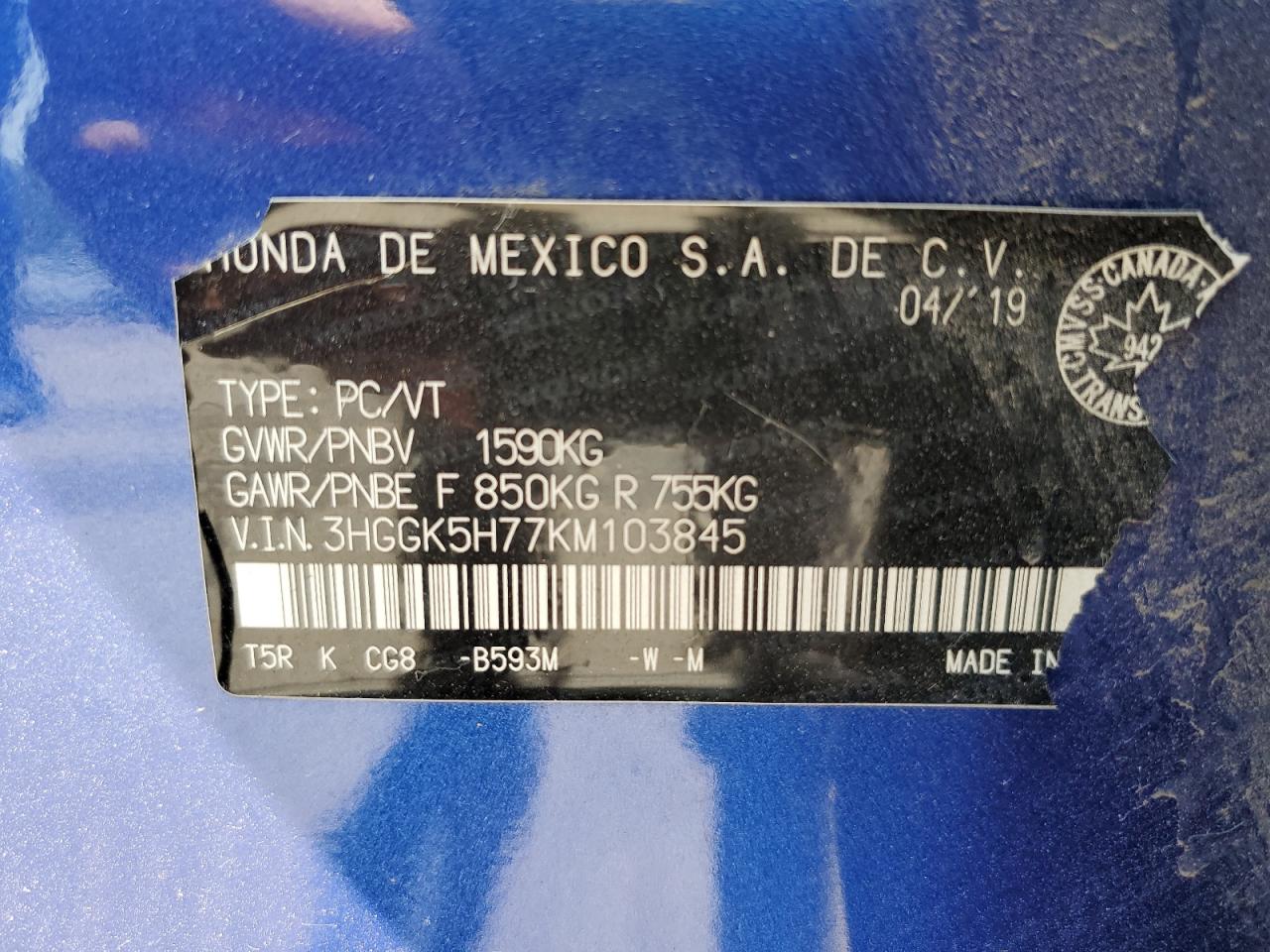 2019 Honda Fit Sport VIN: 3HGGK5H77KM103845 Lot: 63910245
