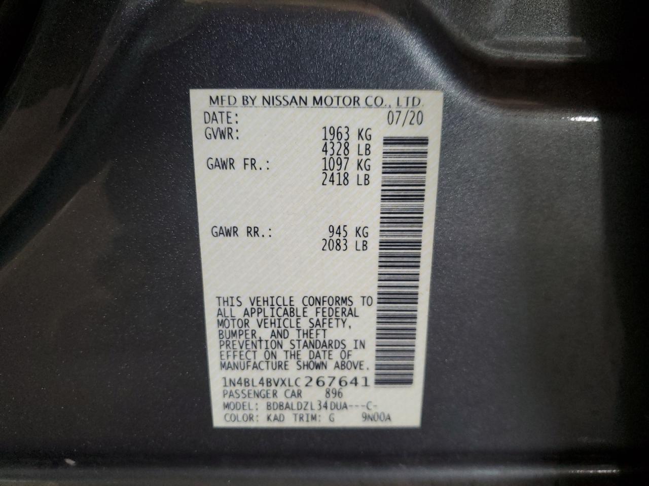2020 Nissan Altima S VIN: 1N4BL4BVXLC267641 Lot: 64934335