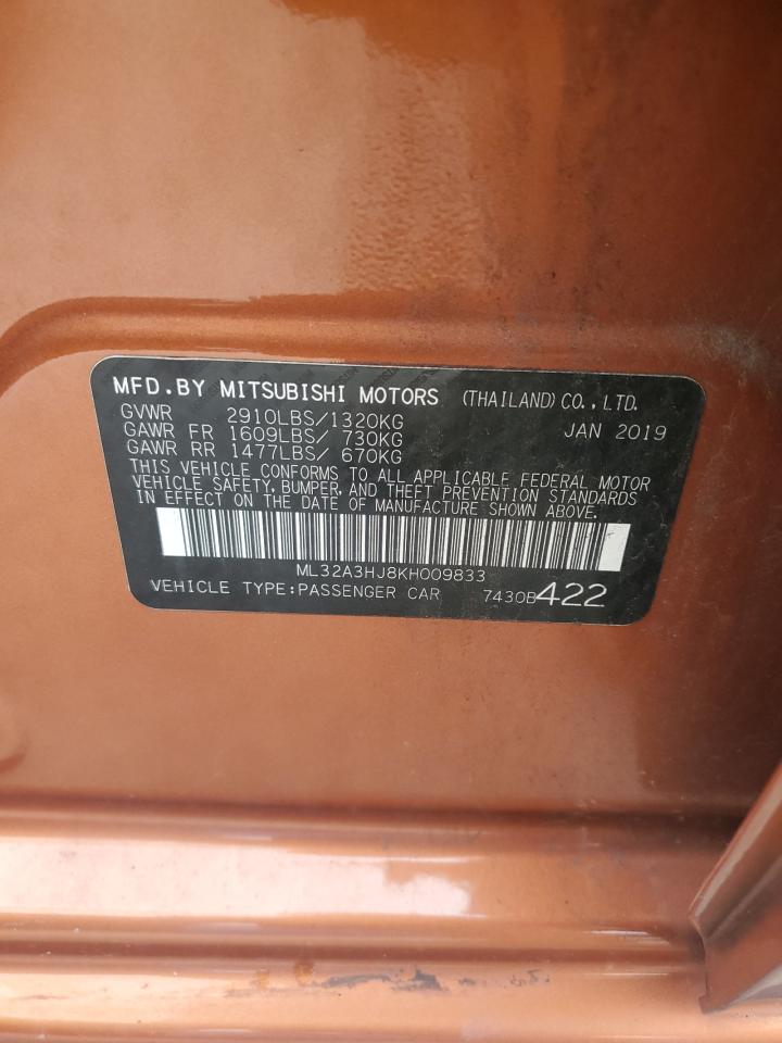 2019 Mitsubishi Mirage Es VIN: ML32A3HJ8KH009833 Lot: 63598125