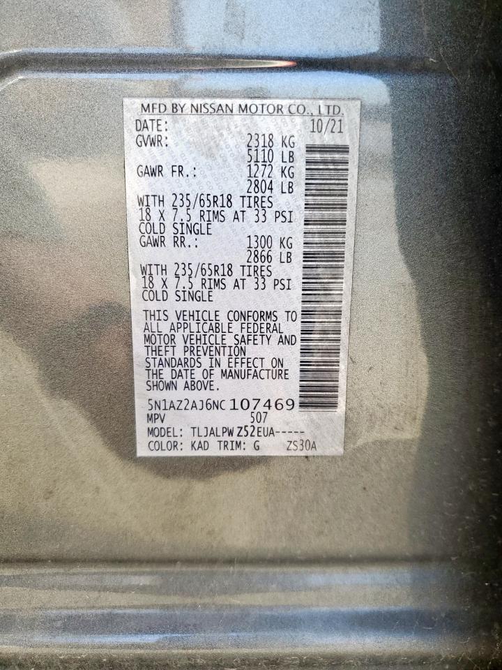 2022 Nissan Murano S VIN: 5N1AZ2AJ6NC107469 Lot: 64473365