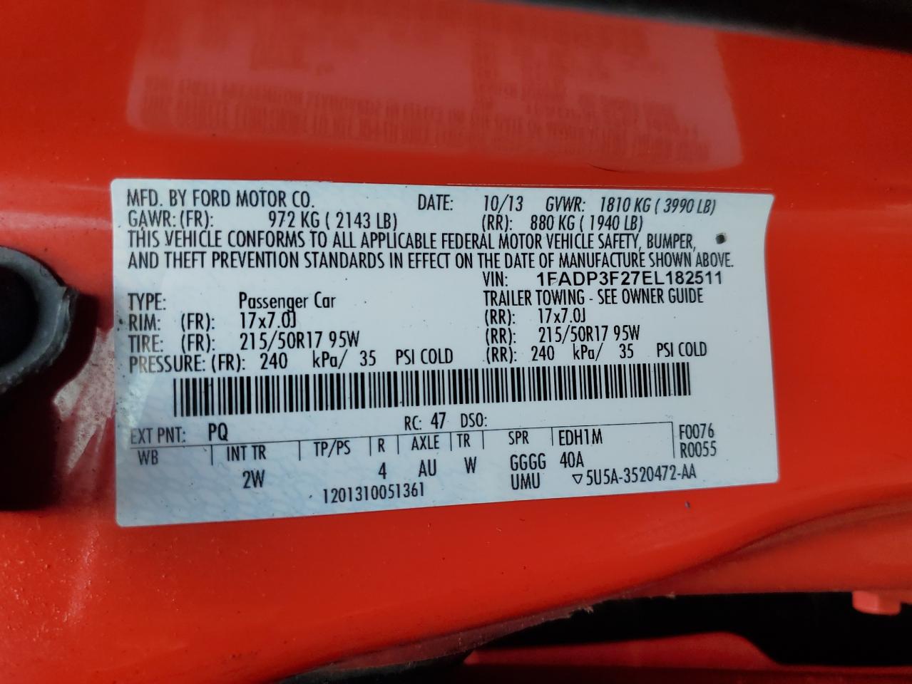 2014 Ford Focus Se VIN: 1FADP3F27EL182511 Lot: 64366555