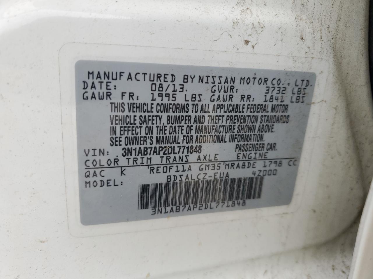 2013 Nissan Sentra S VIN: 3N1AB7AP2DL771848 Lot: 64861145
