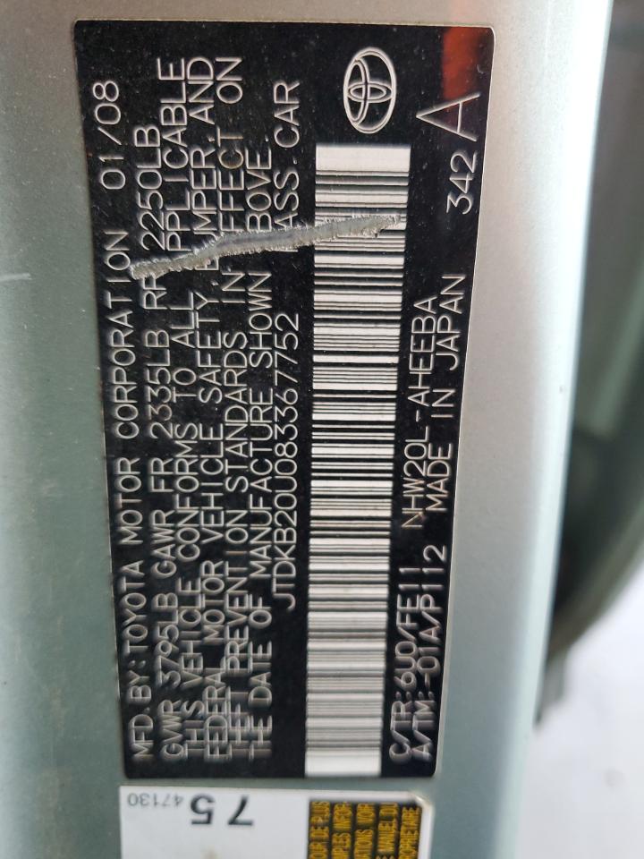 2008 Toyota Prius VIN: JTDKB20U083367752 Lot: 63346765