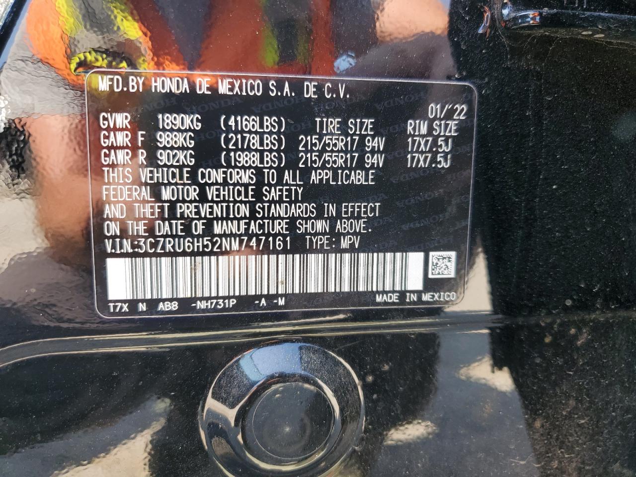 2022 Honda Hr-V Ex VIN: 3CZRU6H52NM747161 Lot: 66007865