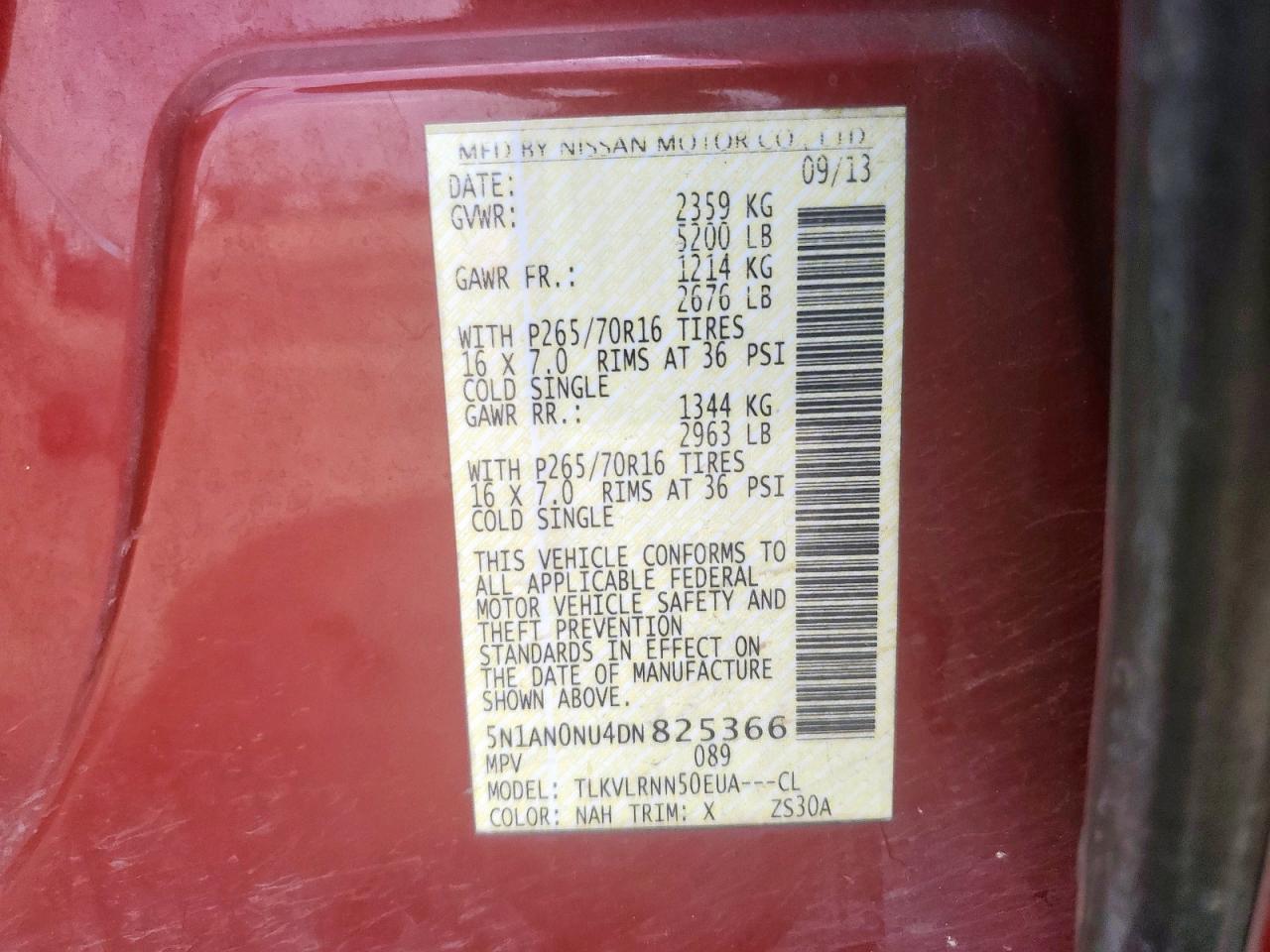 2013 Nissan Xterra X VIN: 5N1AN0NU4DN825366 Lot: 64947165