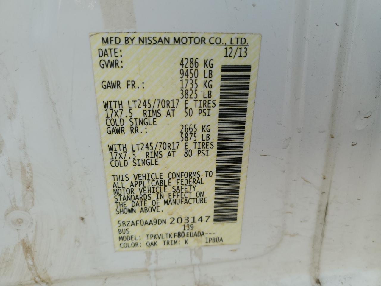 5bzaf0aa9dn203147 5BZAF0AA9DN203147 2013 Nissan Nv 3500 S