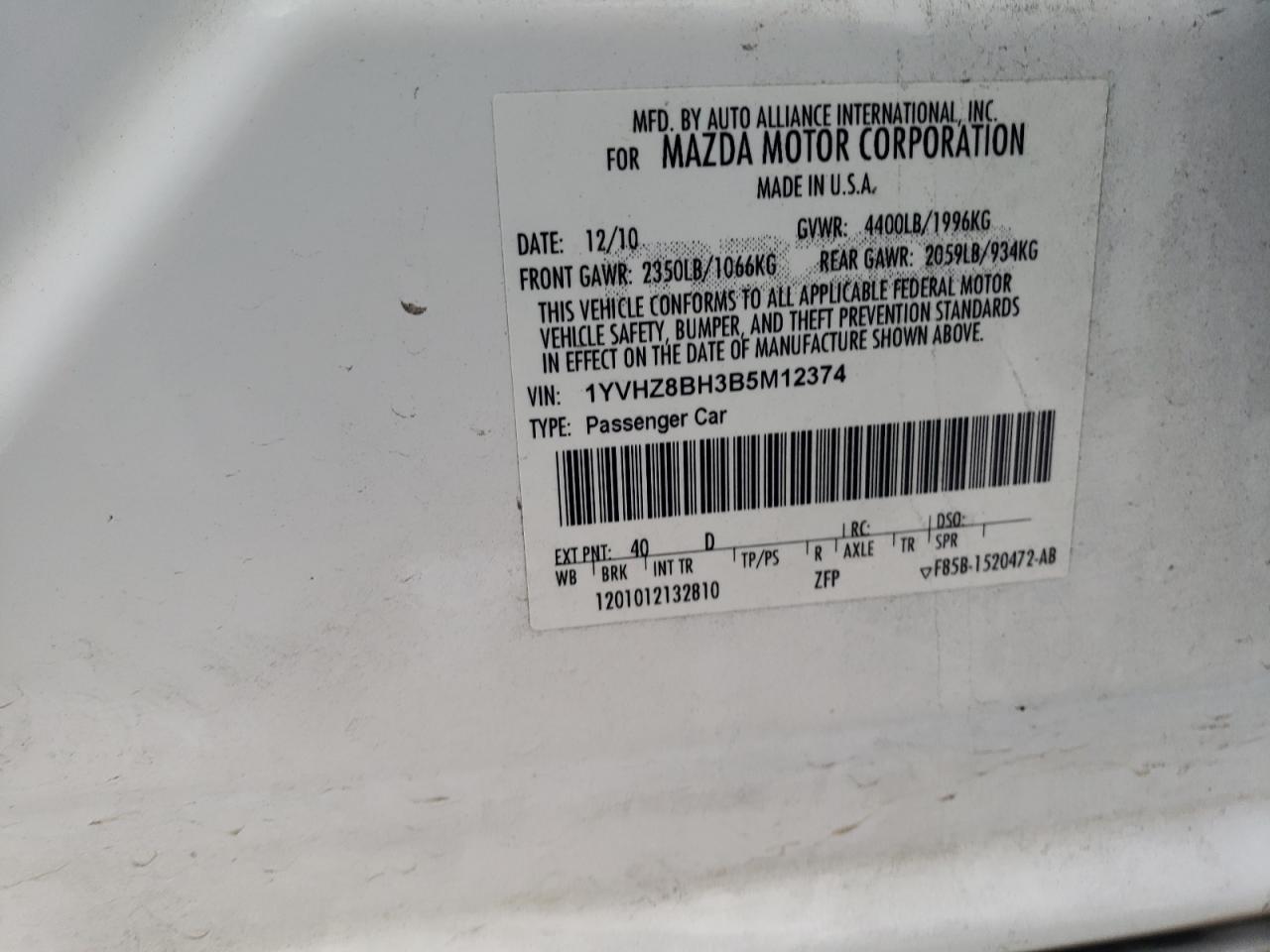 2011 Mazda 6 I VIN: 1YVHZ8BH3B5M12374 Lot: 64295125