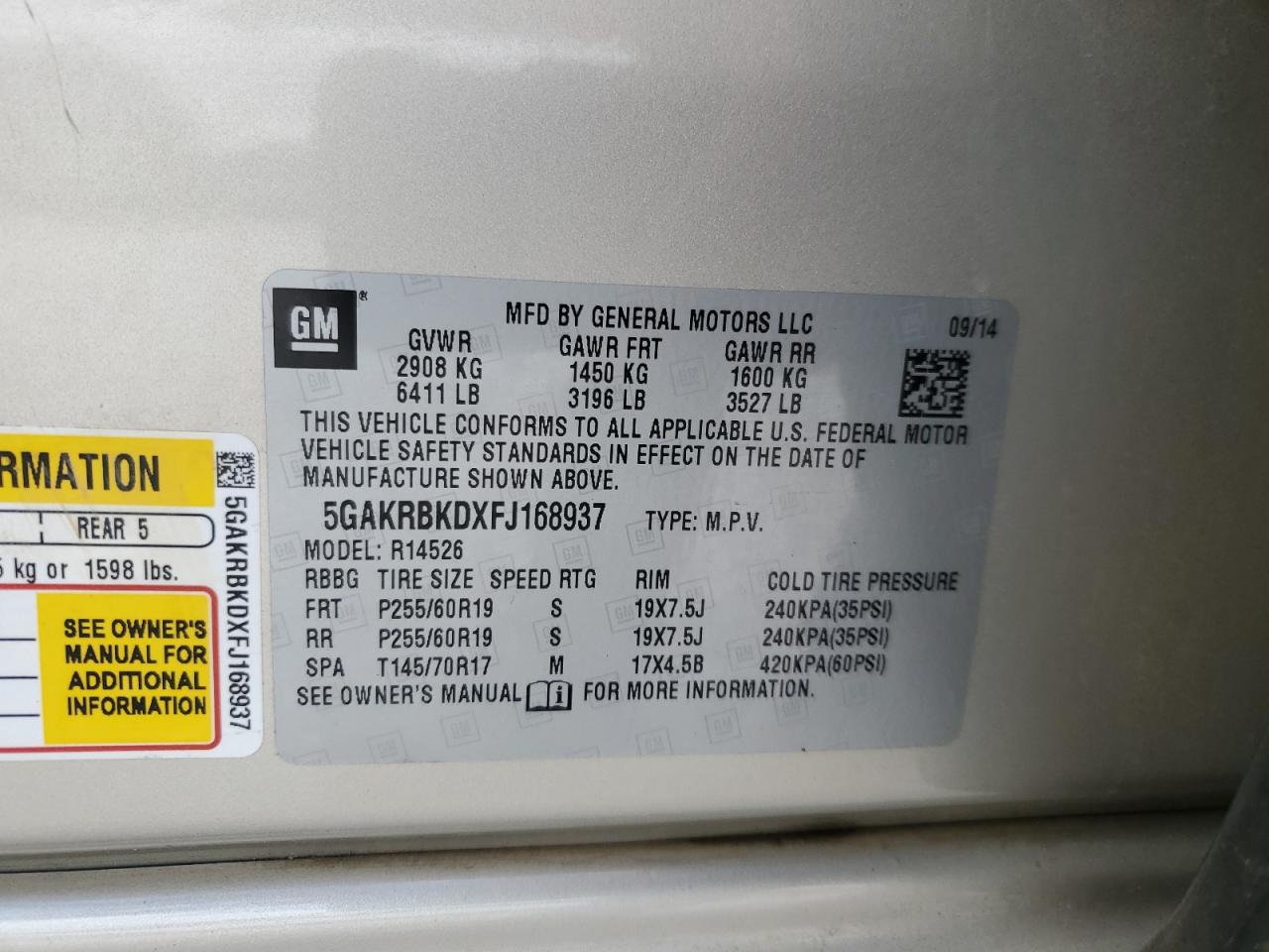 2015 Buick Enclave VIN: 5GAKRBKDXFJ168937 Lot: 63112075