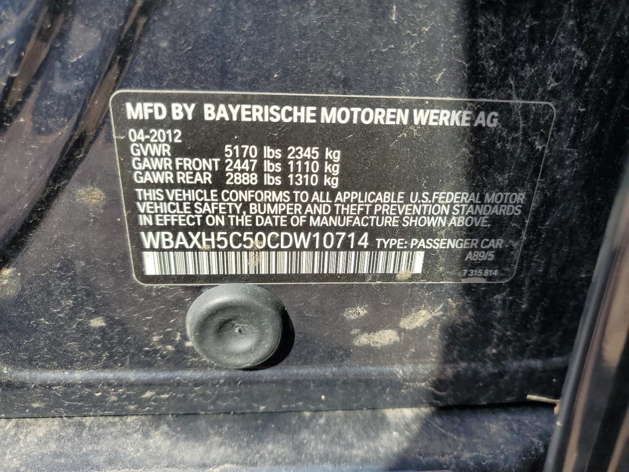 2012 BMW 528 Xi VIN: WBAXH5C50CDW10714 Lot: 64171215
