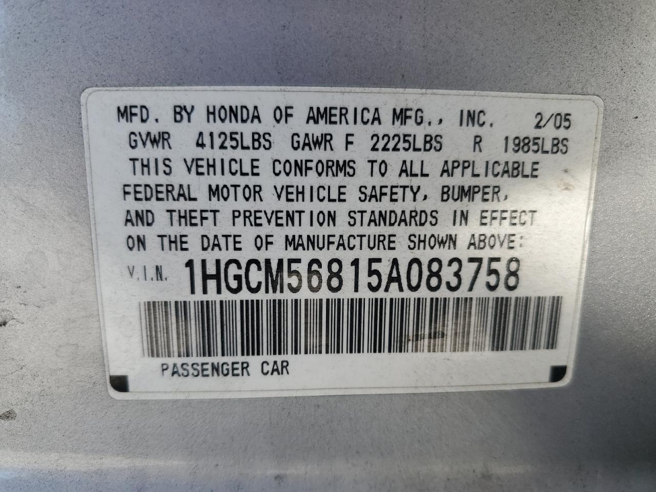 2005 Honda Accord Ex VIN: 1HGCM56815A083758 Lot: 63103235