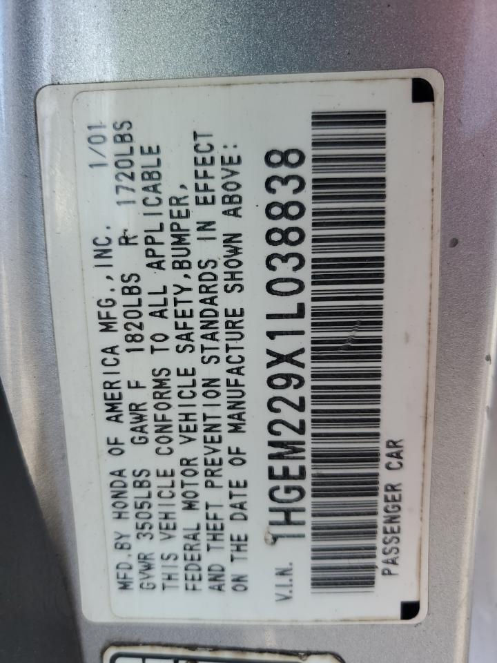 2001 Honda Civic Si VIN: 1HGEM229X1L038838 Lot: 65308275