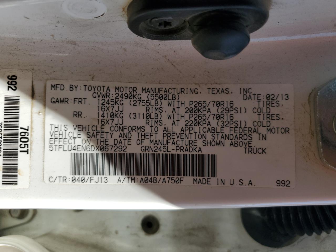 2013 Toyota Tacoma Double Cab VIN: 5TFLU4EN6DX067292 Lot: 63462095