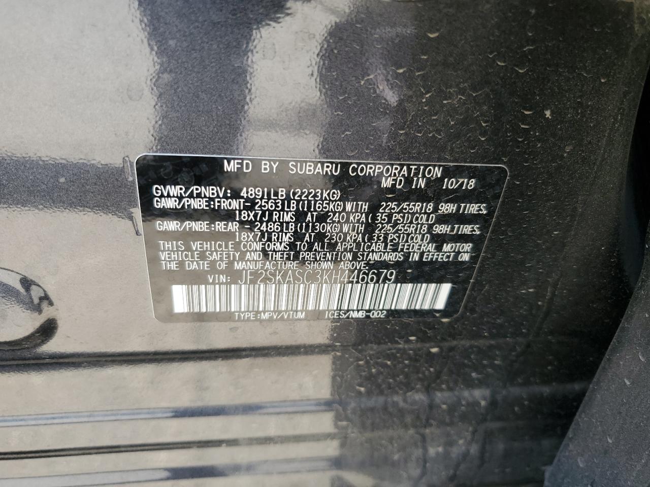 2019 Subaru Forester Limited VIN: JF2SKASC3KH446679 Lot: 64189295