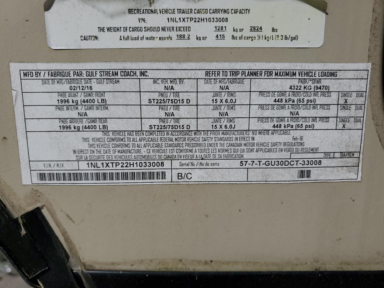 2017 Gulf Stream Ultra VIN: 1NL1XTP22H1033008 Lot: 64428315