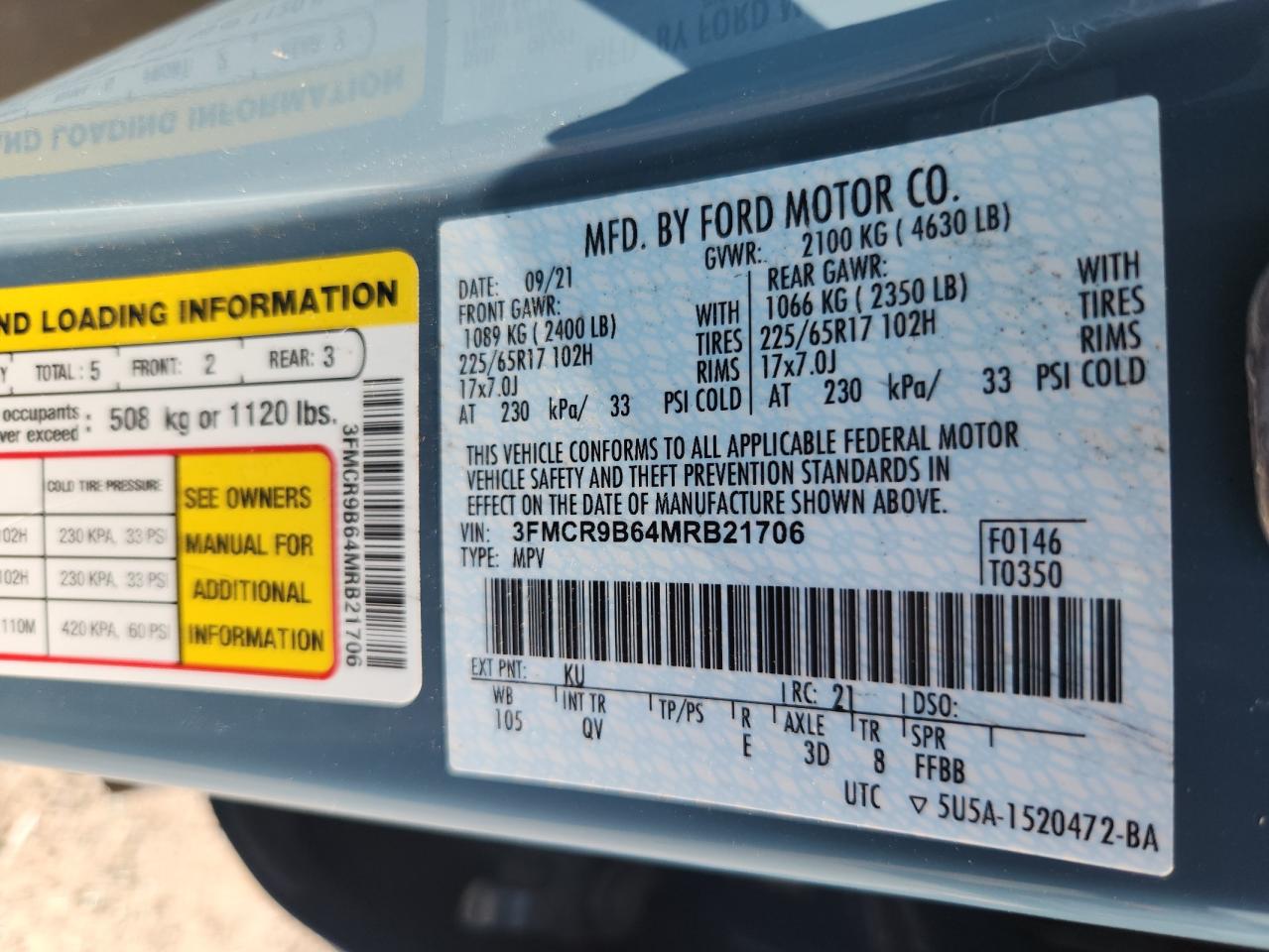 2021 Ford Bronco Sport Big Bend VIN: 3FMCR9B64MRB21706 Lot: 61226955