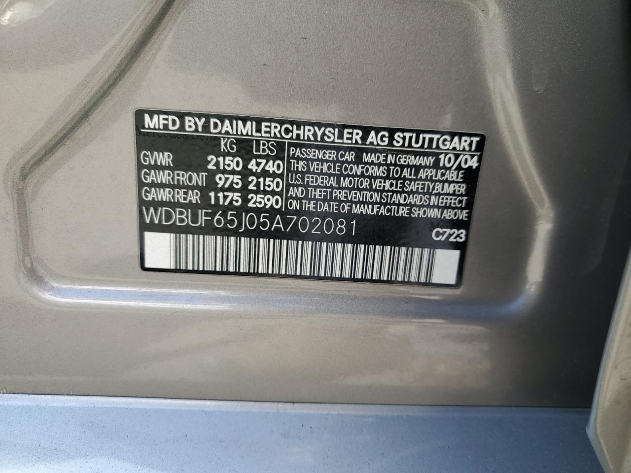 2005 Mercedes-Benz E 320 VIN: WDBUF65J05A702081 Lot: 62766195