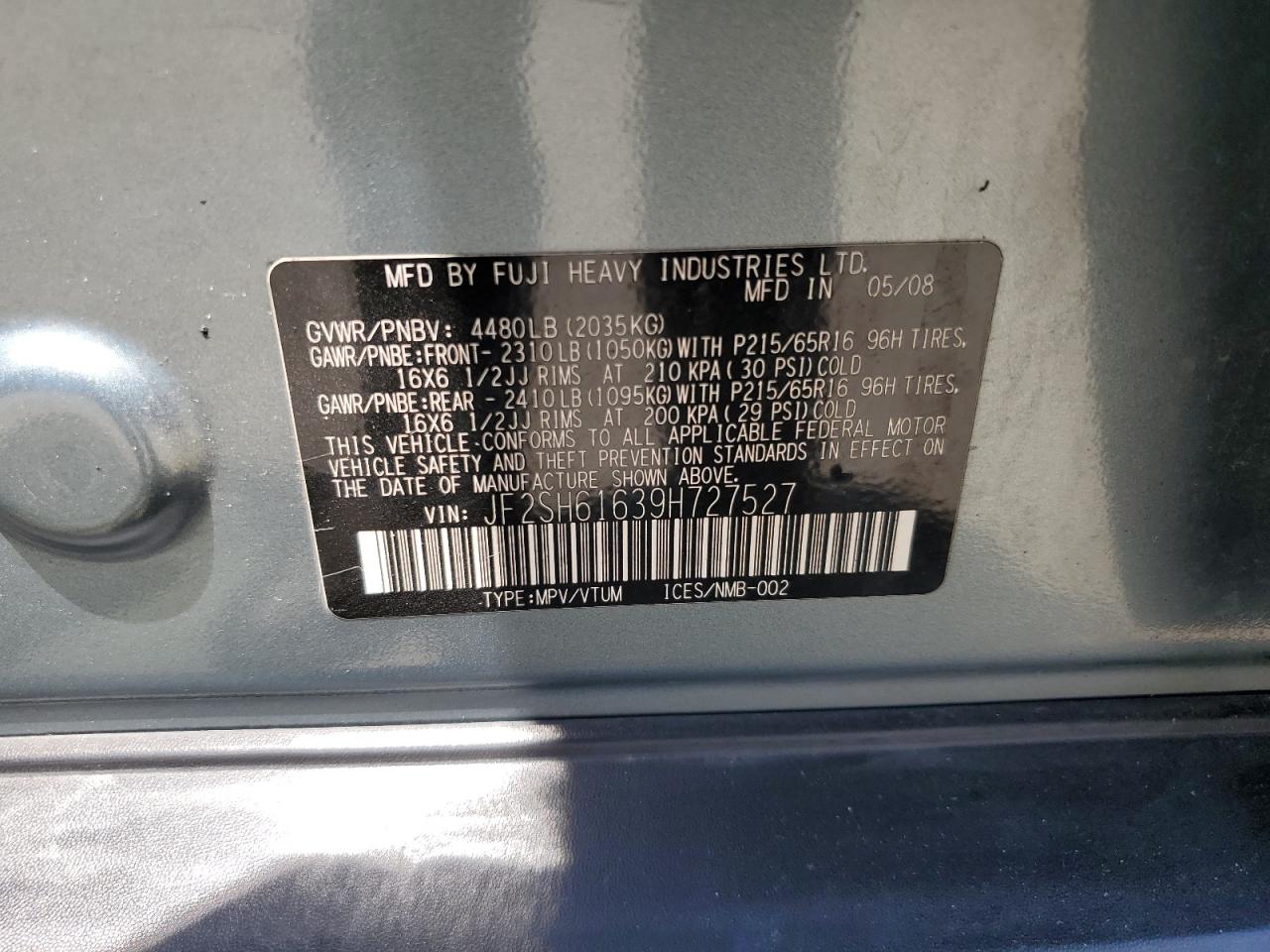 2009 Subaru Forester 2.5X VIN: JF2SH61639H727527 Lot: 64135325