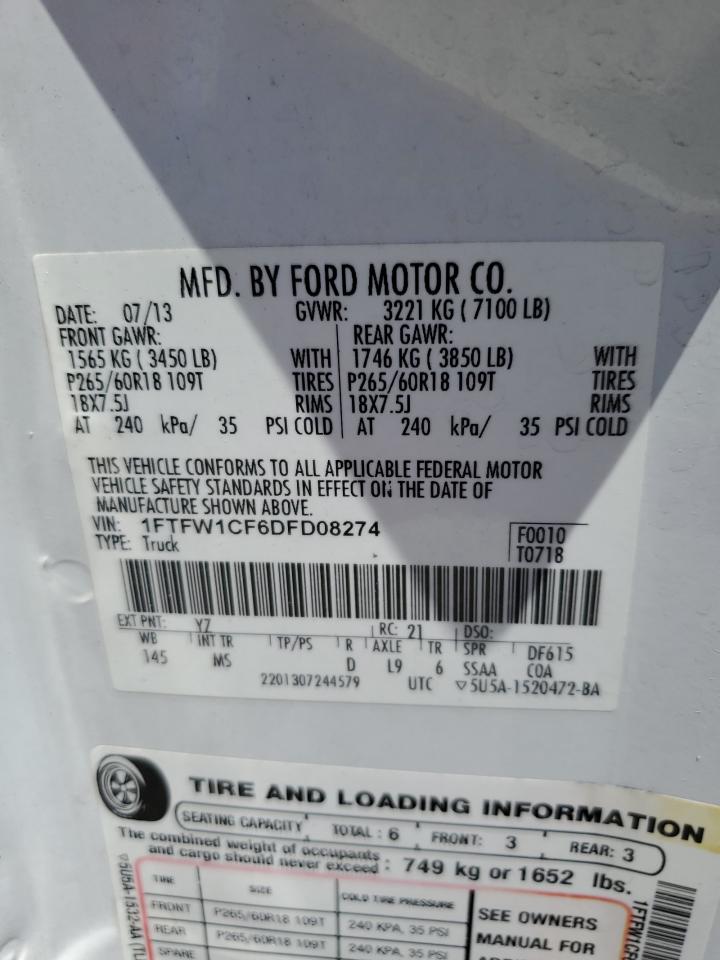 2013 Ford F150 Supercrew VIN: 1FTFW1CF6DFD08274 Lot: 63439905