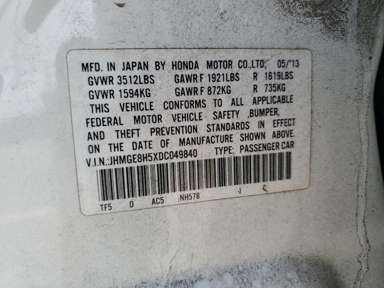 2013 Honda Fit Sport VIN: JHMGE8H5XDC049840 Lot: 64038215