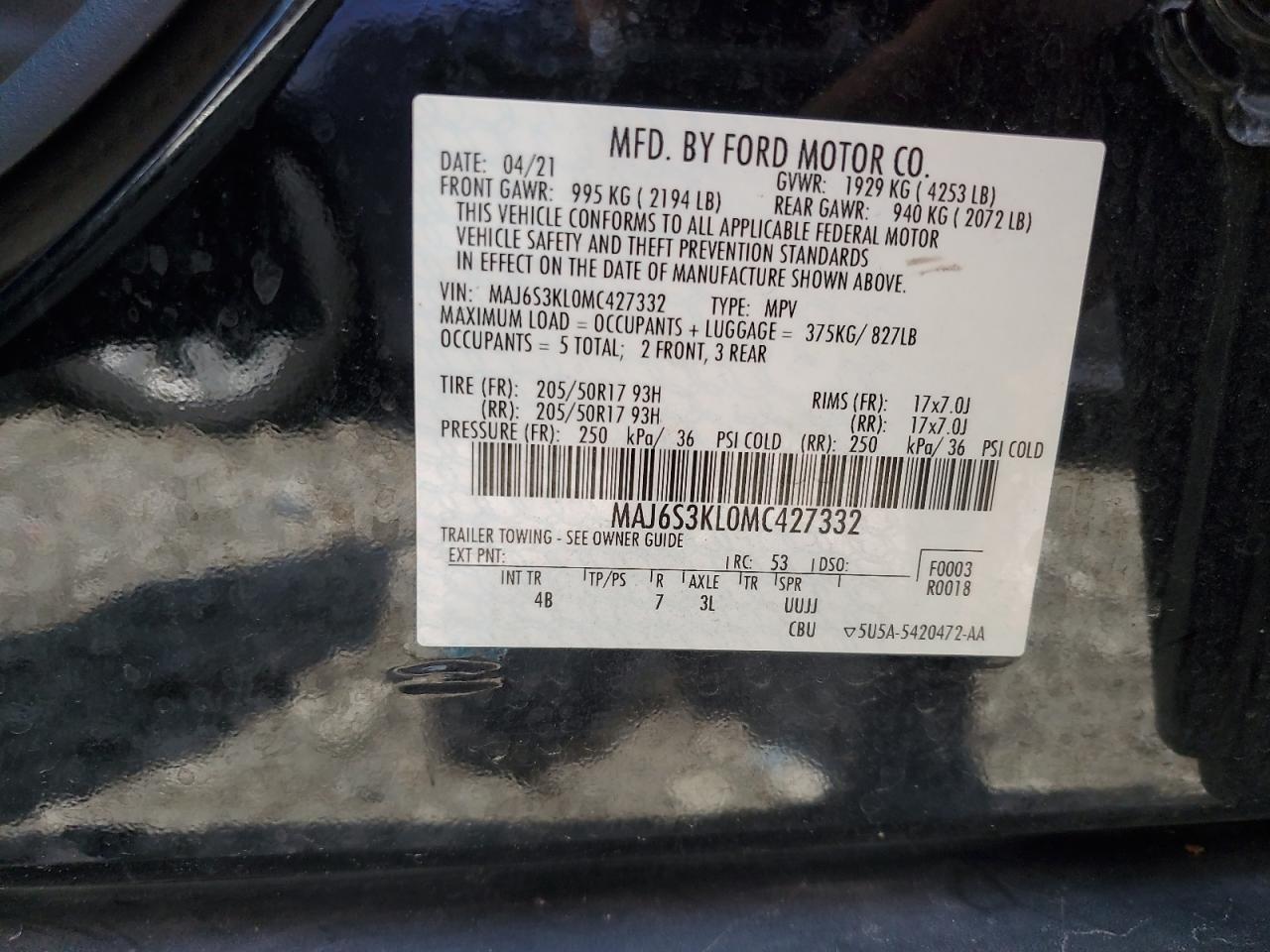 2021 Ford Ecosport Titanium VIN: MAJ6S3KL0MC427332 Lot: 64218425