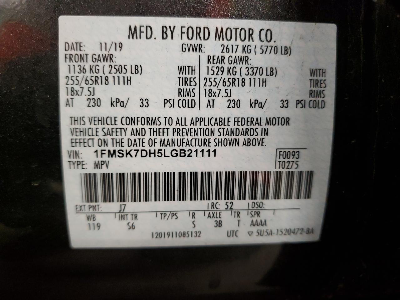 2020 Ford Explorer Xlt VIN: 1FMSK7DH5LGB21111 Lot: 65016365