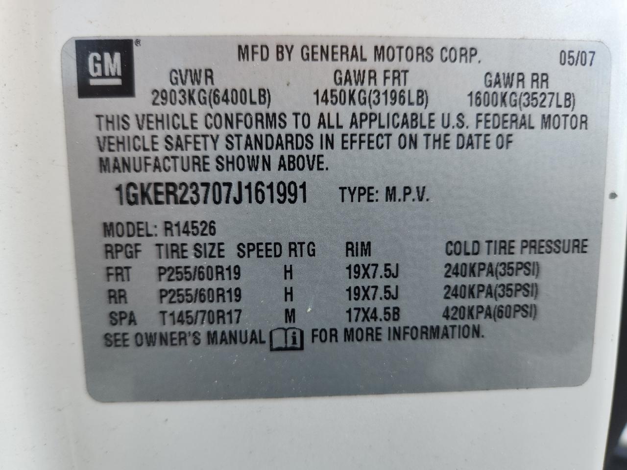 2007 GMC Acadia Slt-1 VIN: 1GKER23707J161991 Lot: 64109625