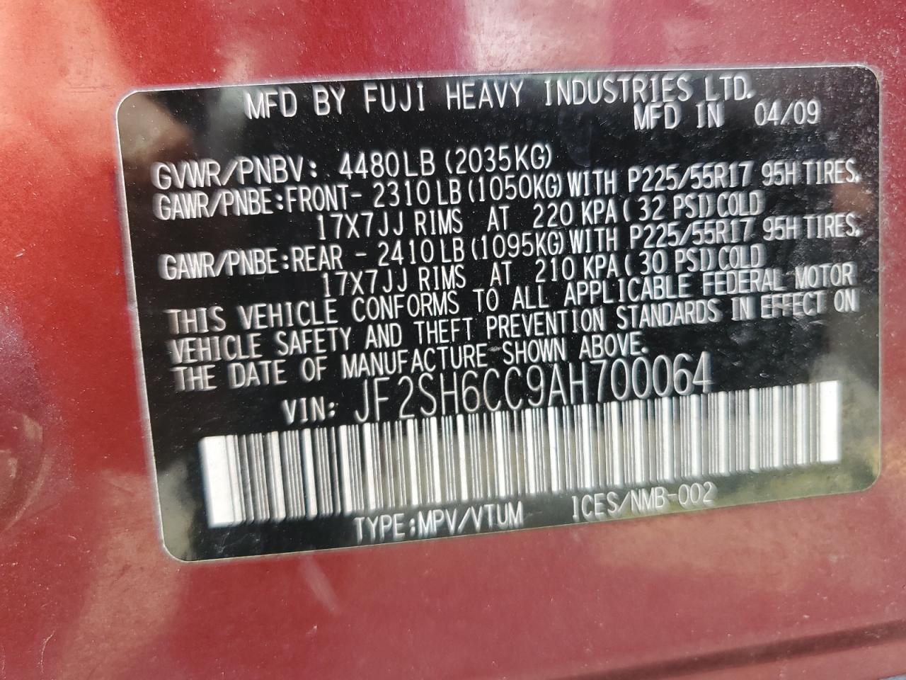 2010 Subaru Forester 2.5X Premium VIN: JF2SH6CC9AH700064 Lot: 62937765