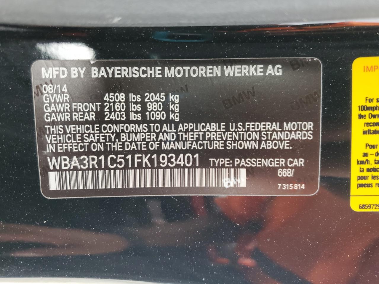 2015 BMW 435 I VIN: WBA3R1C51FK193401 Lot: 64133865