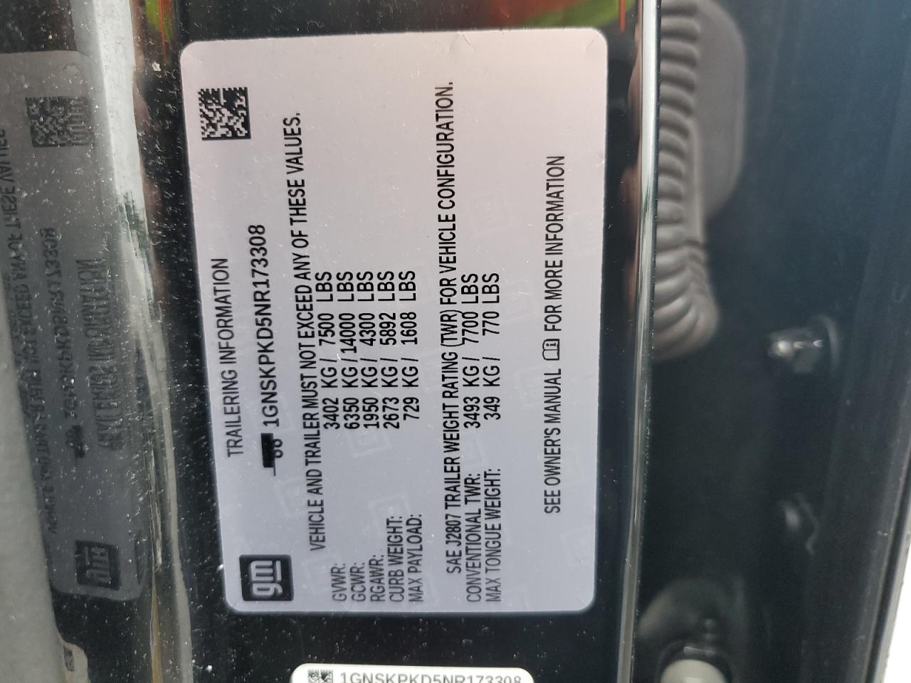 2022 Chevrolet Tahoe K1500 Z71 VIN: 1GNSKPKD5NR173308 Lot: 63232605