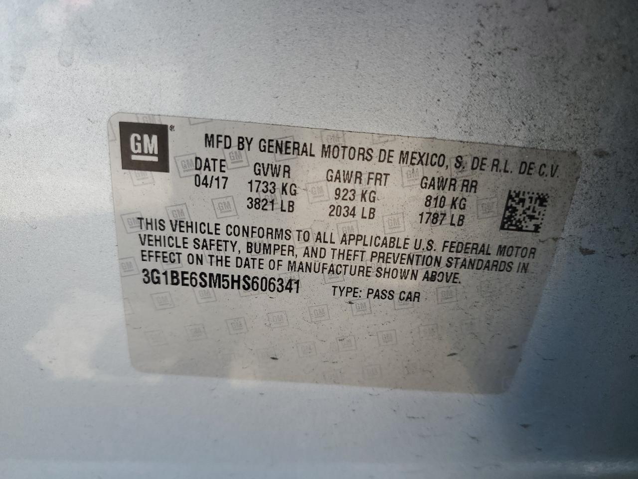 2017 Chevrolet Cruze Lt VIN: 3G1BE6SM5HS606341 Lot: 65317885