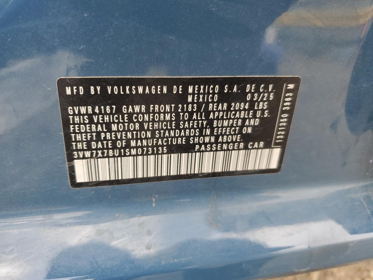 2025 Volkswagen Jetta Se VIN: 3VW7X7BU1SM073135 Lot: 66915405
