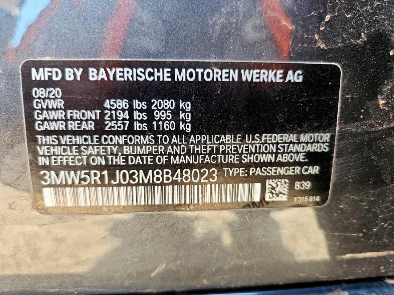 2021 BMW 330I VIN: 3MW5R1J03M8B48023 Lot: 62615555