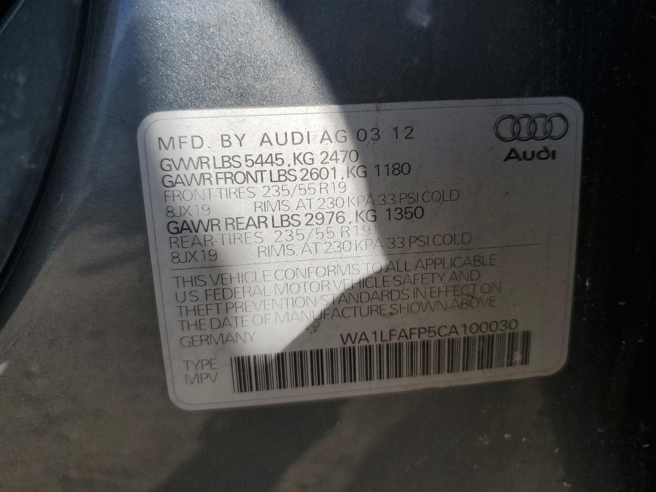 2012 Audi Q5 Premium Plus VIN: WA1LFAFP5CA100030 Lot: 64116945