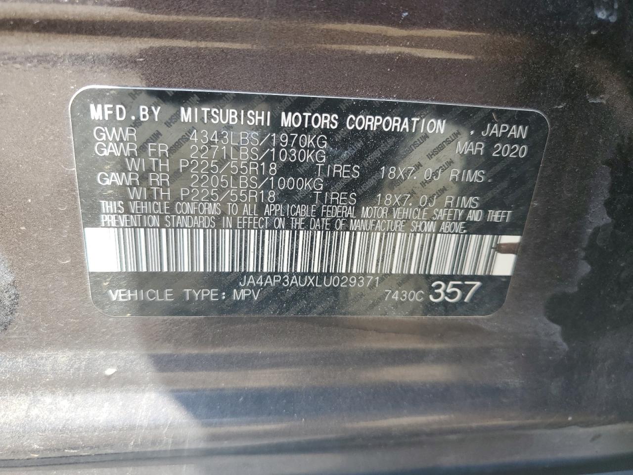 2020 Mitsubishi Outlander Sport Es VIN: JA4AP3AUXLU029371 Lot: 64781065