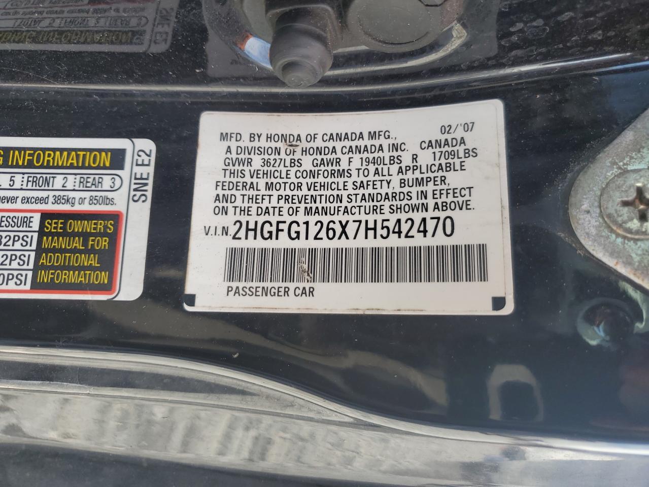 2007 Honda Civic Lx VIN: 2HGFG126X7H542470 Lot: 65049855