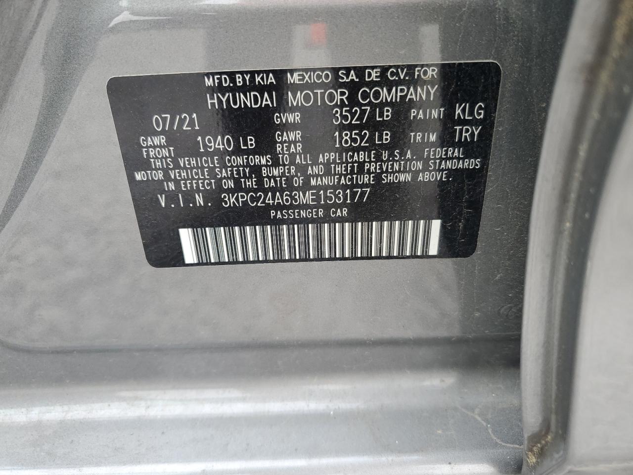 2021 Hyundai Accent Se VIN: 3KPC24A63ME153177 Lot: 63759185