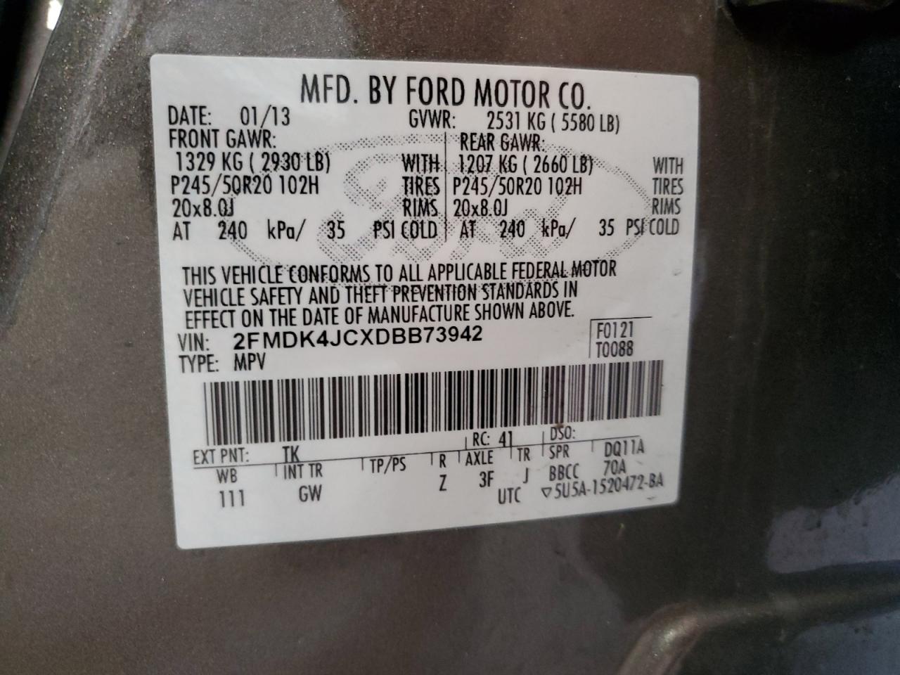2013 Ford Edge Sel VIN: 2FMDK4JCXDBB73942 Lot: 65181055