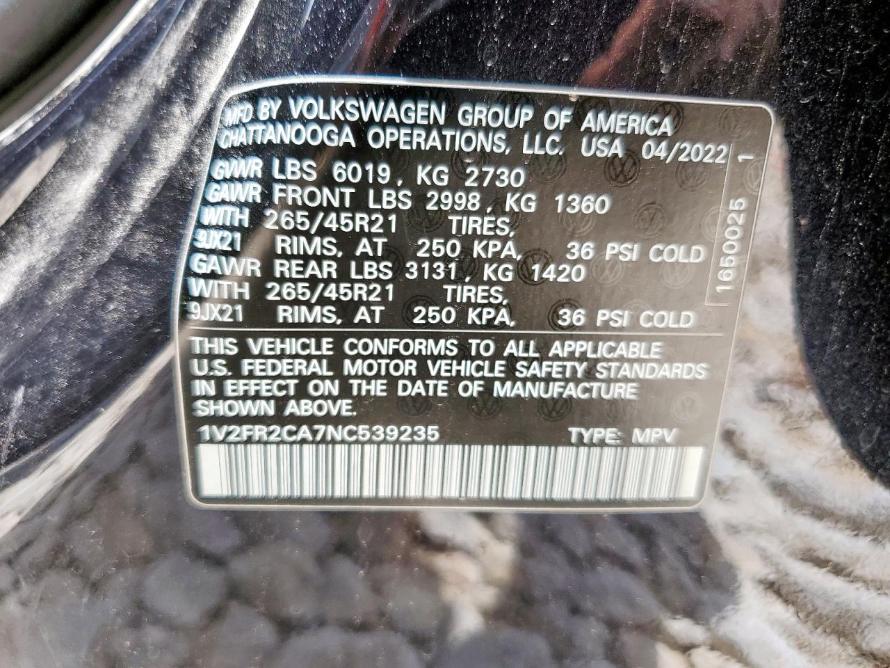 2022 Volkswagen Atlas Sel Premium R-Line VIN: 1V2FR2CA7NC539235 Lot: 63068845
