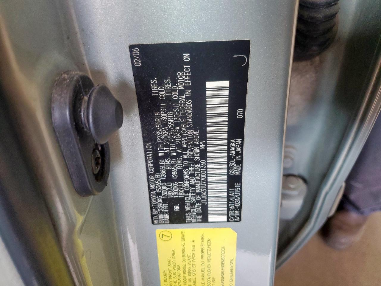 2007 Lexus Rx 350 VIN: JTJGK31U770001360 Lot: 63838635