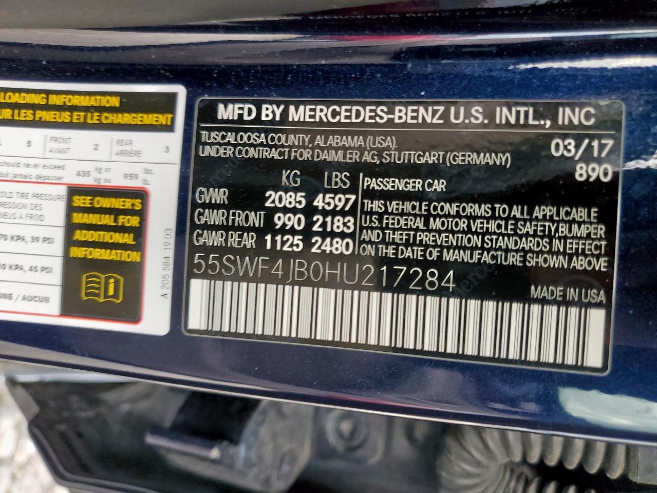 2017 Mercedes-Benz C 300 VIN: 55SWF4JB0HU217284 Lot: 64228495