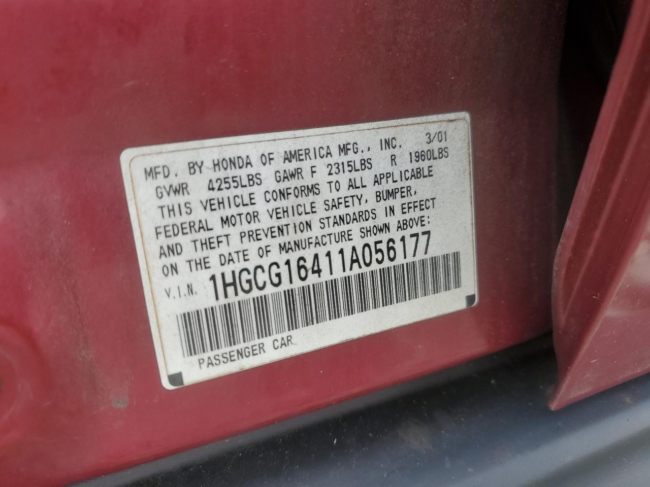 2001 Honda Accord Lx VIN: 1HGCG16411A056177 Lot: 64168415