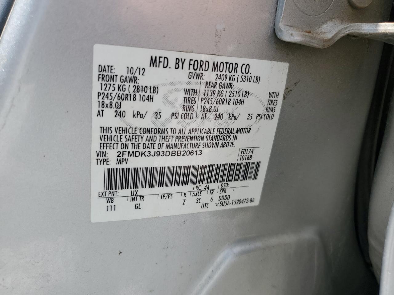 2013 Ford Edge Sel VIN: 2FMDK3J93DBB20613 Lot: 64792825