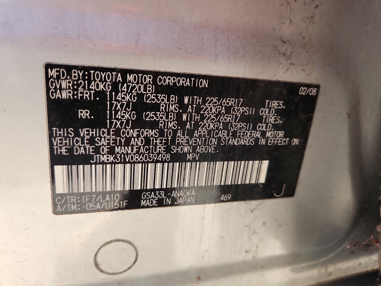 2008 Toyota Rav4 Limited VIN: JTMBK31V086039498 Lot: 65375845