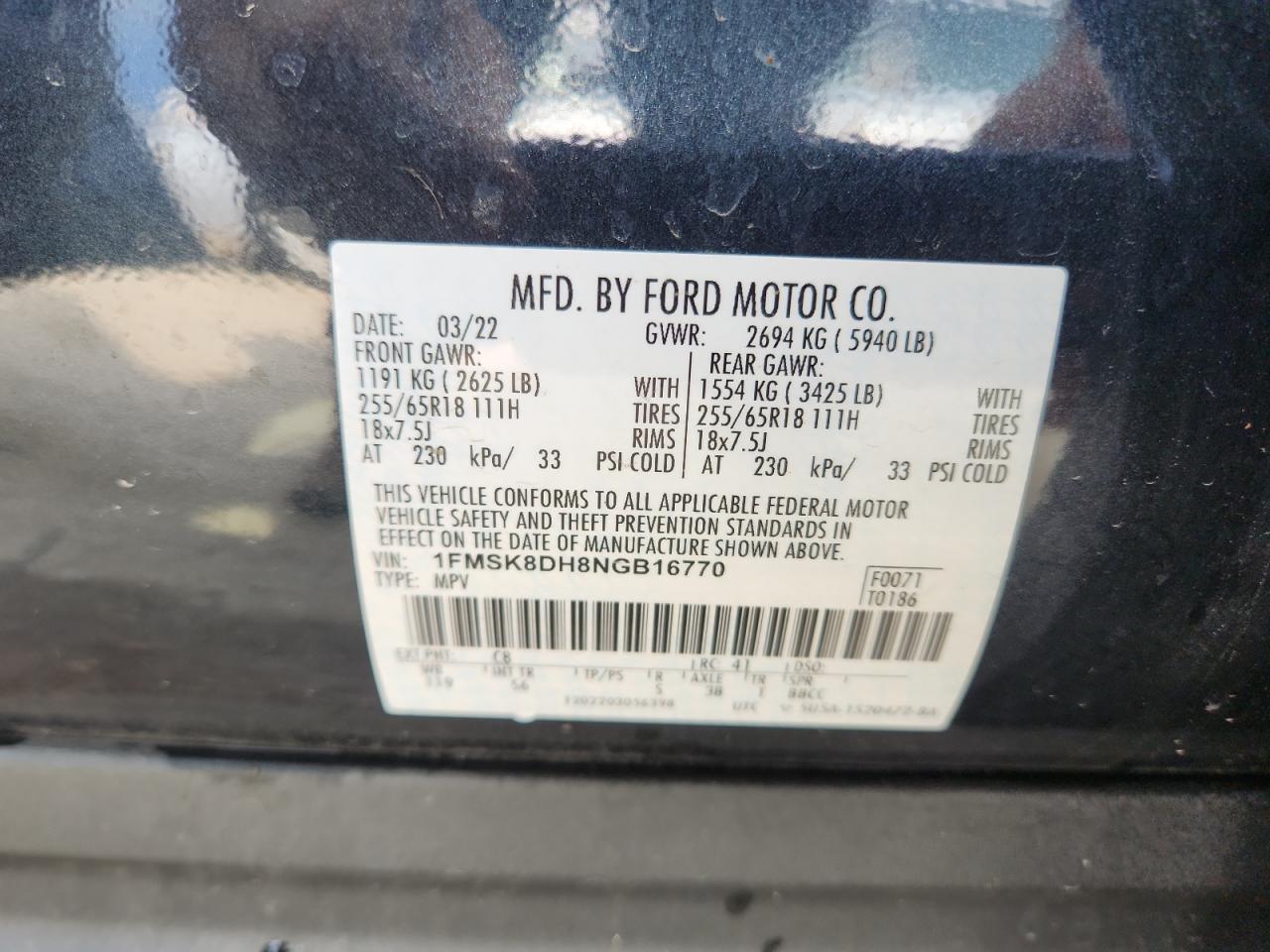 2022 Ford Explorer Xlt VIN: 1FMSK8DH8NGB16770 Lot: 64016025