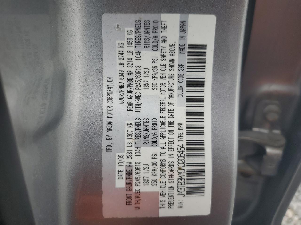 2010 Mazda Cx-9 VIN: JM3TB3MA9A0206454 Lot: 63716455