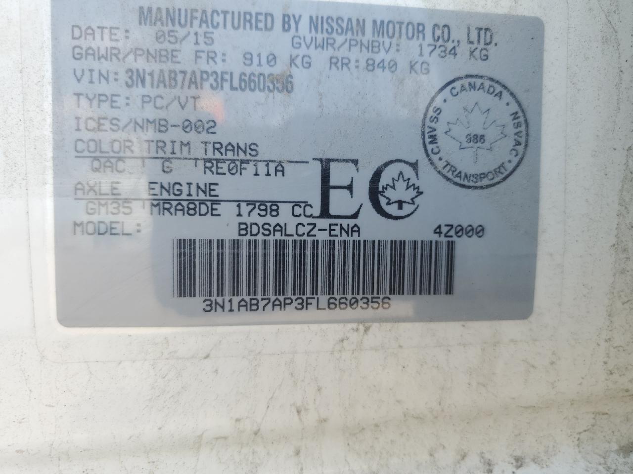 2015 Nissan Sentra S VIN: 3N1AB7AP3FL660356 Lot: 61897485